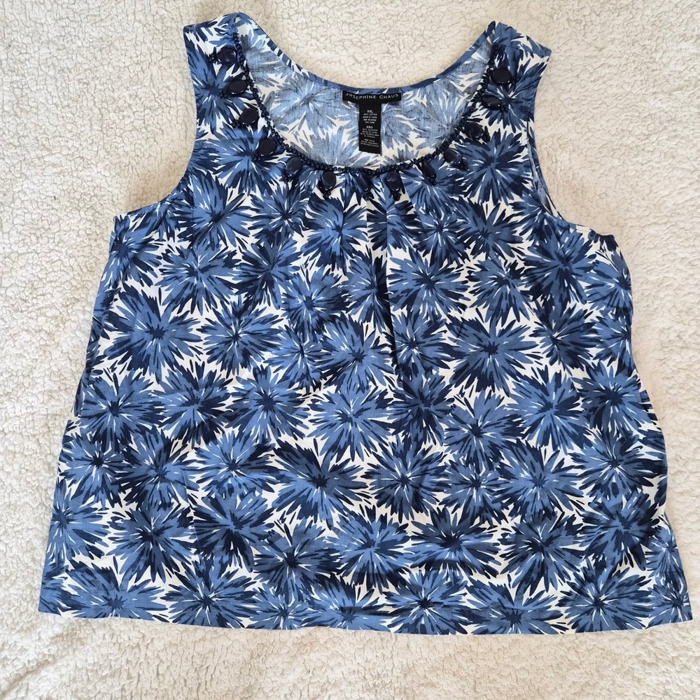 Josephine Chaus Blue Floral Beaded Scoop Neck Cotton Tank Top XXL Coastal Casual